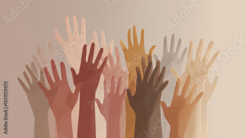Raised hands in diverse skin tones symbolizing unity and equality
