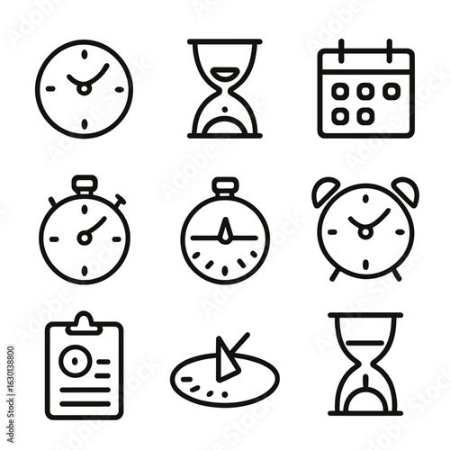 Time Management Icons. Outline icon set of consuming time: clock, hourglass, calendar, stopwatch, timer, alarm, schedule, sundial,