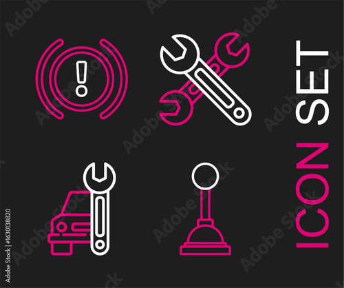 Set line Gear shifter, Car service, Wrench and Brake system warning icon. Vector
