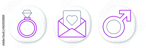 Set line Male gender symbol, Wedding rings and Envelope with heart icon. Vector