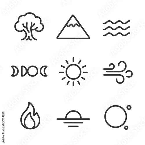 Timeless Nature Icons. Outline icon set of timeless nature: ancient tree, eternal mountain, endless ocean, perpetual sun, moon