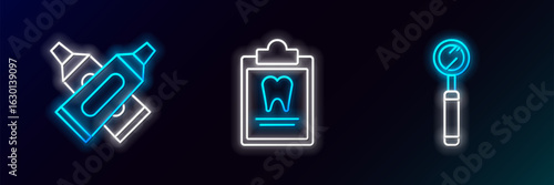 Set line Dental inspection mirror, Crossed tube of toothpaste and Clipboard with dental card icon. Glowing neon. Vector