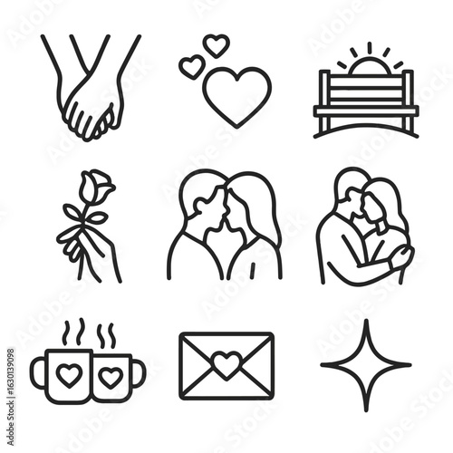 Golden Hour Romance Icons. Outline icon set of golden hour romance: holding hands silhouette, heart flutter outline, sunset bench,