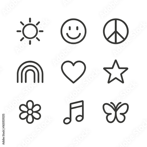 Good Vibes Icons. Outline icon set of good vibes symbols: sun, smiley face, peace sign, rainbow, heart, star, flower, music note,