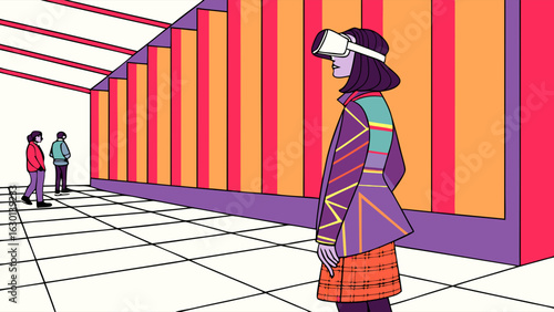 VR Experience in a Colorful Corridor with People Wearing Masks.