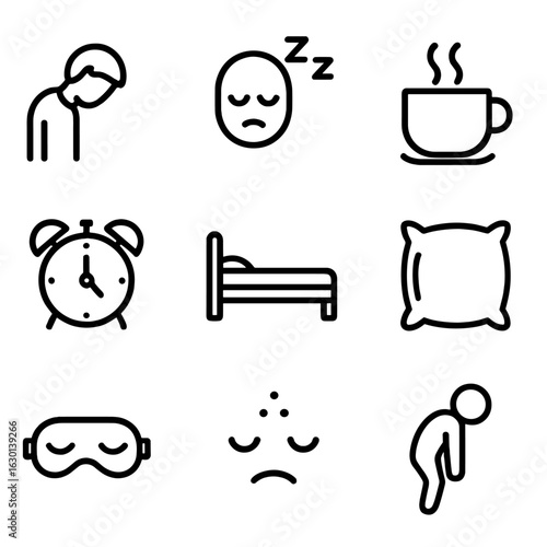Tiredness Icons Set. Outline icon set of tiredness and fatigue: drooping head, heavy eyelids, coffee cup, alarm clock, bed, pillow