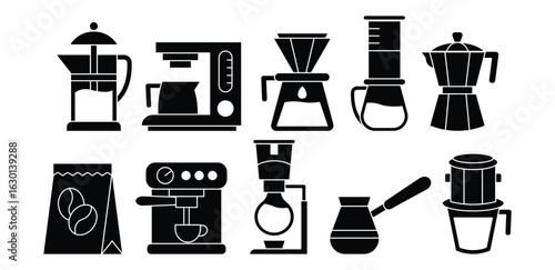Black Coffee Maker Machine Icons Silhouette Illustrations, Drip, Brewing, Drink, Kitchen, Symbol Sign Vector Design Collections Sets