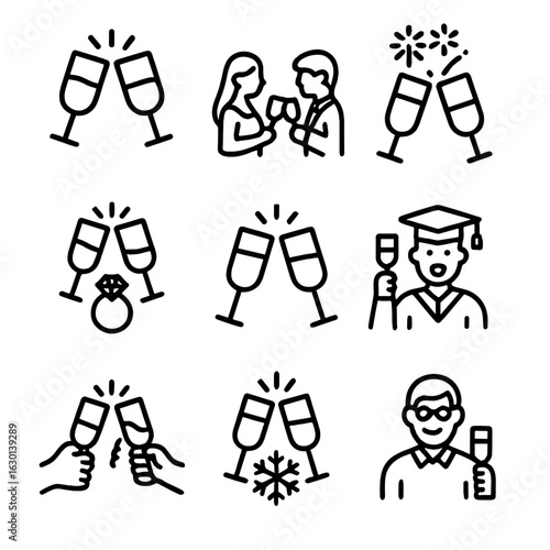 Icons of Toasting Moments. Outline icon set of toast moments: clinking champagne flutes, wedding toast, New Year’s cheer,