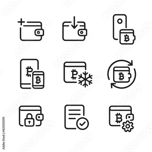 Token Wallet Icons. Outline icon set of жбtoken wallet features: create wallet, import wallet, hardware wallet, mobile wallet,