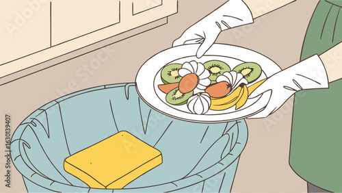 Discarding Spoiled Fruit Plate of Fruit Being Thrown into a Trash Can.
