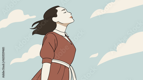 Woman in Dress Looking Up at Sky with Clouds Illustration.