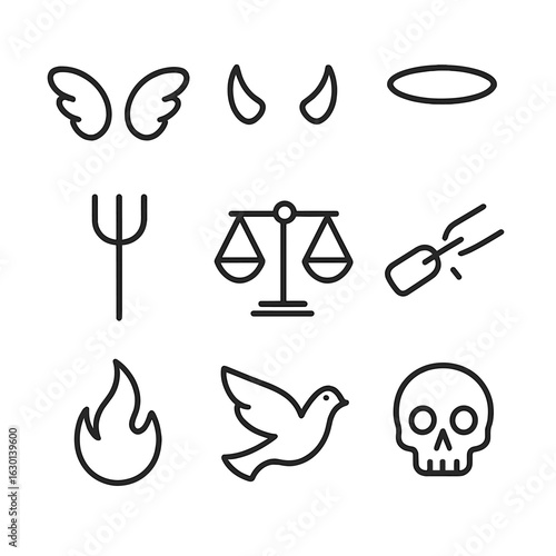 Good vs Evil Icons. Outline icon set of good and evil symbolism: angel wings, devil horns, halo, pitchfork, scales of justice,