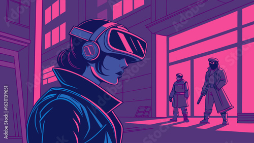 Woman in VR Headset Observes Armed Figures in Neon Cityscape.