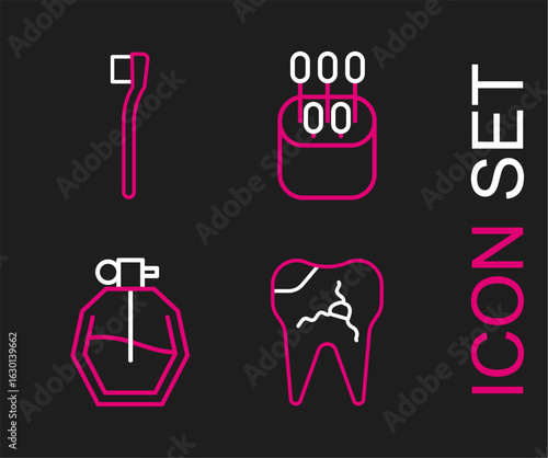 Set line Broken tooth, Perfume, Cotton swab for ears and Toothbrush icon. Vector