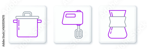 Set line Coffee turk, Cooking pot and Electric mixer icon. Vector