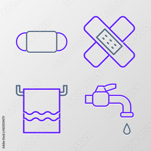 Set line Water tap, Towel on hanger, Crossed bandage plaster and Medical protective mask icon. Vector