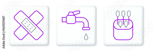 Set line Cotton swab for ears, Crossed bandage plaster and Water tap icon. Vector