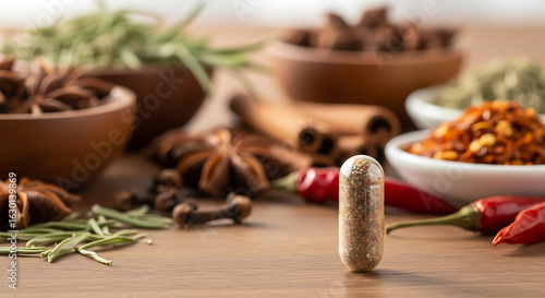 Silver herbal supplement capsule surrounded by various spices and herbs.