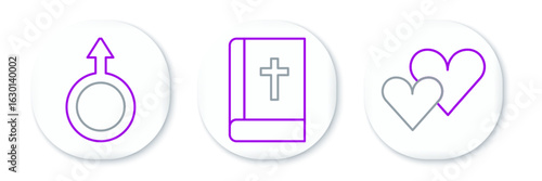 Set line Heart, Male gender symbol and Holy bible book icon. Vector