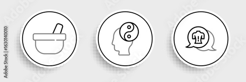 Set line Massage, Mortar and pestle and Yin Yang icon. Vector