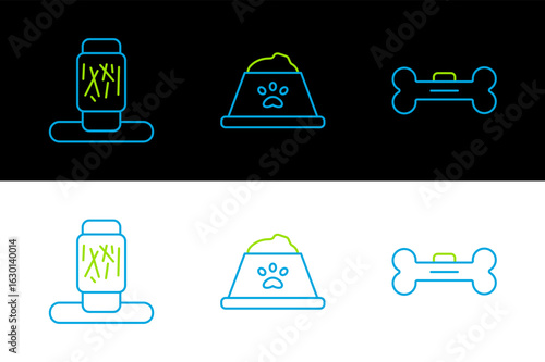 Set line Dog bone, Cat scratching post and Pet food bowl icon. Vector