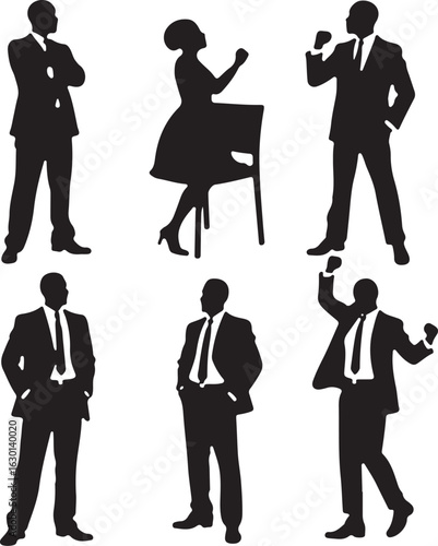 Diverse professionals celebrate success in dynamic business poses