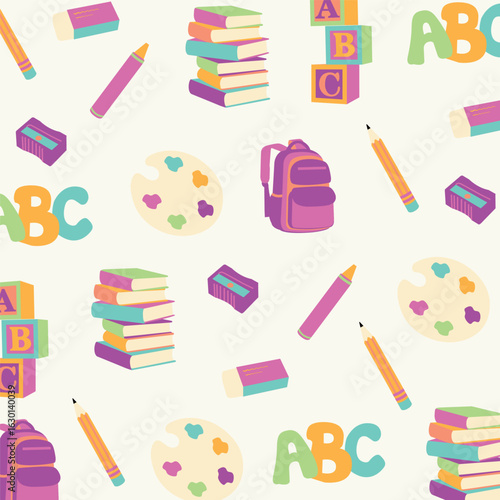 Colorful back to School doodle pattern. Vector seamless background for stationery, planner stickers, scrapbooking, classroom decor, and digital projects.
