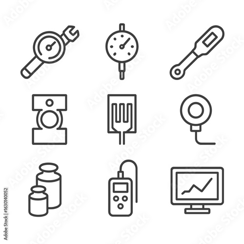 Torque Measurement Icons. Outline icon set of torque measurement: torque meter, dial indicator, digital torque wrench, load cell,