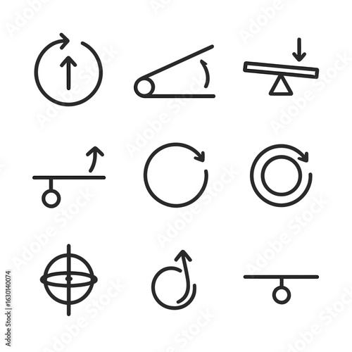 Torque Physics Icons. Outline icon set of torque related physics: rotational force, moment arm, lever, pivot point, angular