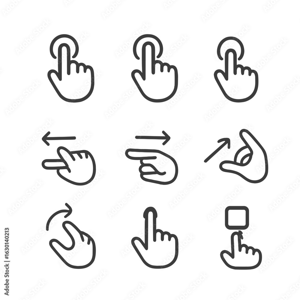Fototapeta premium Touch Gesture Icons. Outline icon set of touch gestures: tap, double tap, long press, swipe left, swipe right, pinch zoom, rotate,