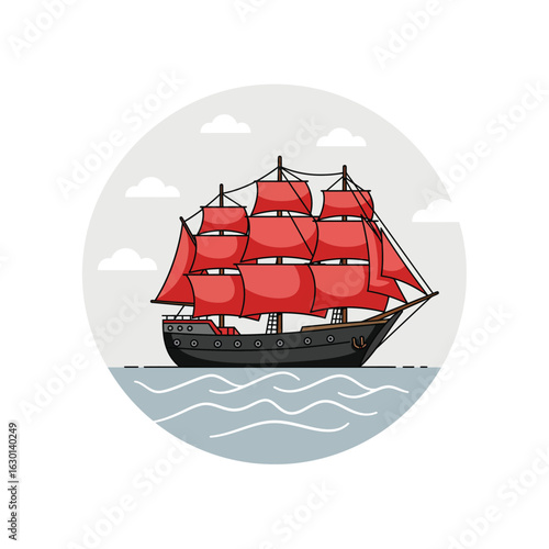 Illustration of a classic sailing ship with red sails on a calm sea, set against a circular backdrop, representing maritime history and exploration