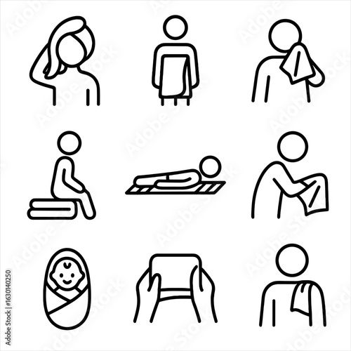 Towel Icon Set. Outline icon set of towel in use: drying hair with towel, wrapping towel around body, wiping face, sitting on