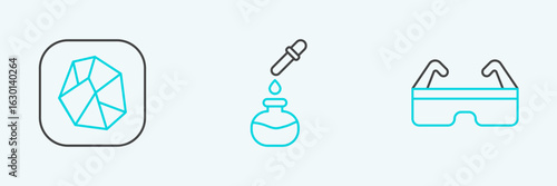 Set line Safety goggle glasses, Salt stone and Test tube and flask icon. Vector