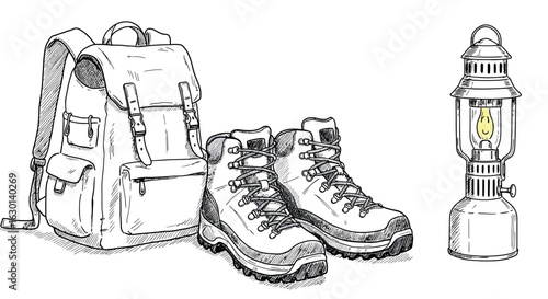 Vintage camping gear sketch: backpack, hiking boots, and lantern artwork