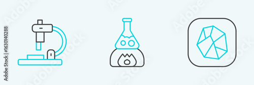 Set line Salt stone, Microscope and Test tube flask fire icon. Vector