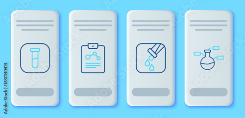 Set line Chemistry report, Test tube and flask, and icon. Vector