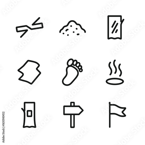 Icon Set Tracking Signs. Outline icon set of tracking signs: broken branch, disturbed soil, scratched bark, discarded item,