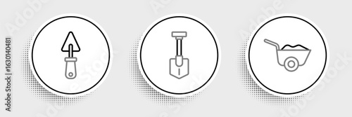 Set line Wheelbarrow, Trowel and Shovel icon. Vector