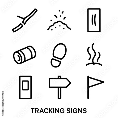 Icon Set Tracking Signs. Outline icon set of tracking signs: broken branch, disturbed soil, scratched bark, discarded item,