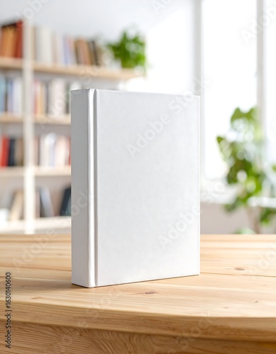 Blank white hardcover book mockup standing on a wooden table in a sunlit room
