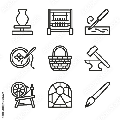 Traditional Crafts Icons. Outline icon set of traditional crafts: pottery wheel, weaving loom, wood carving, embroidery needle,