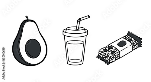 Minimalist avocado, beverage, and snack bar trio in monochrome design