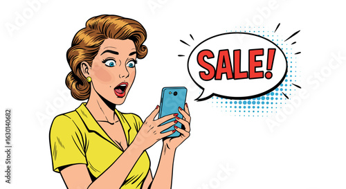 Surprised woman reacts to sale notification in retro pop art style