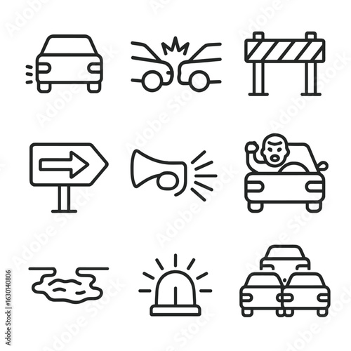 Traffic Icon Set. Outline icon set of unpredictable traffic situations: sudden stop, accident, roadblock, detour sign, honking