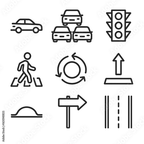 Traffic Flow Icon Set. Outline icon set of traffic flow: car movement, congestion, traffic light, pedestrian crossing, roundabout,