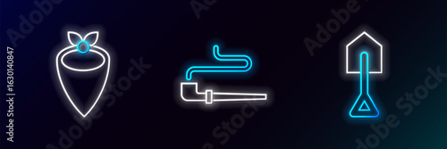 Set line Shovel, Cowboy bandana and Smoking pipe icon. Glowing neon. Vector