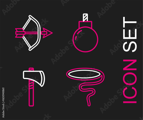 Set line Lasso, Tomahawk axe, Bomb ready to explode and Bow and arrow in quiver icon. Vector