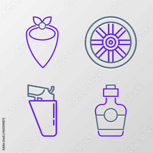 Set line Tequila bottle, Revolver gun in holster, Old wooden wheel and Cowboy bandana icon. Vector