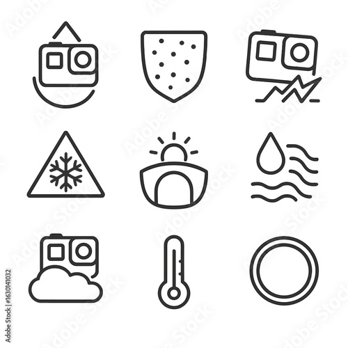 GoPro Weather Icon Set. Outline icon set of GoPro weatherproof features: waterproof, dustproof, shockproof, freeze resistance, UV