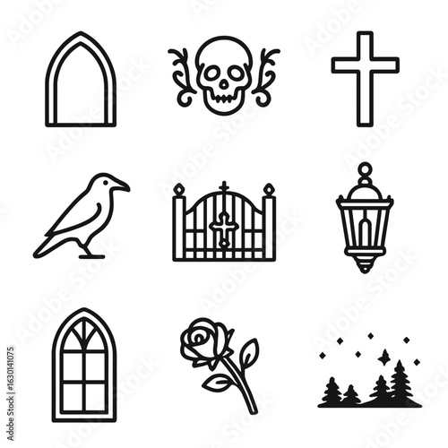 Gothic Night Icon Set. Outline icon set of gothic and dark aesthetics: gothic arch silhouette, skull ornament, unlit candle, cross